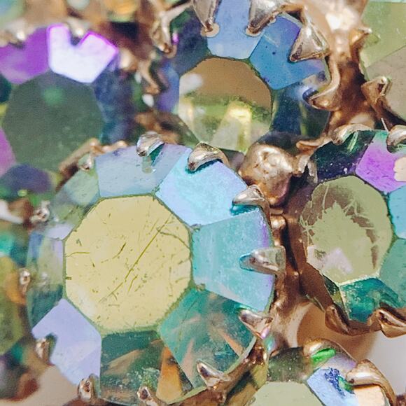 VTG Mid Century Earrings AB Rhinestone Cluster Clip On Gold Tone 1950s 60s - Picture 6 of 16